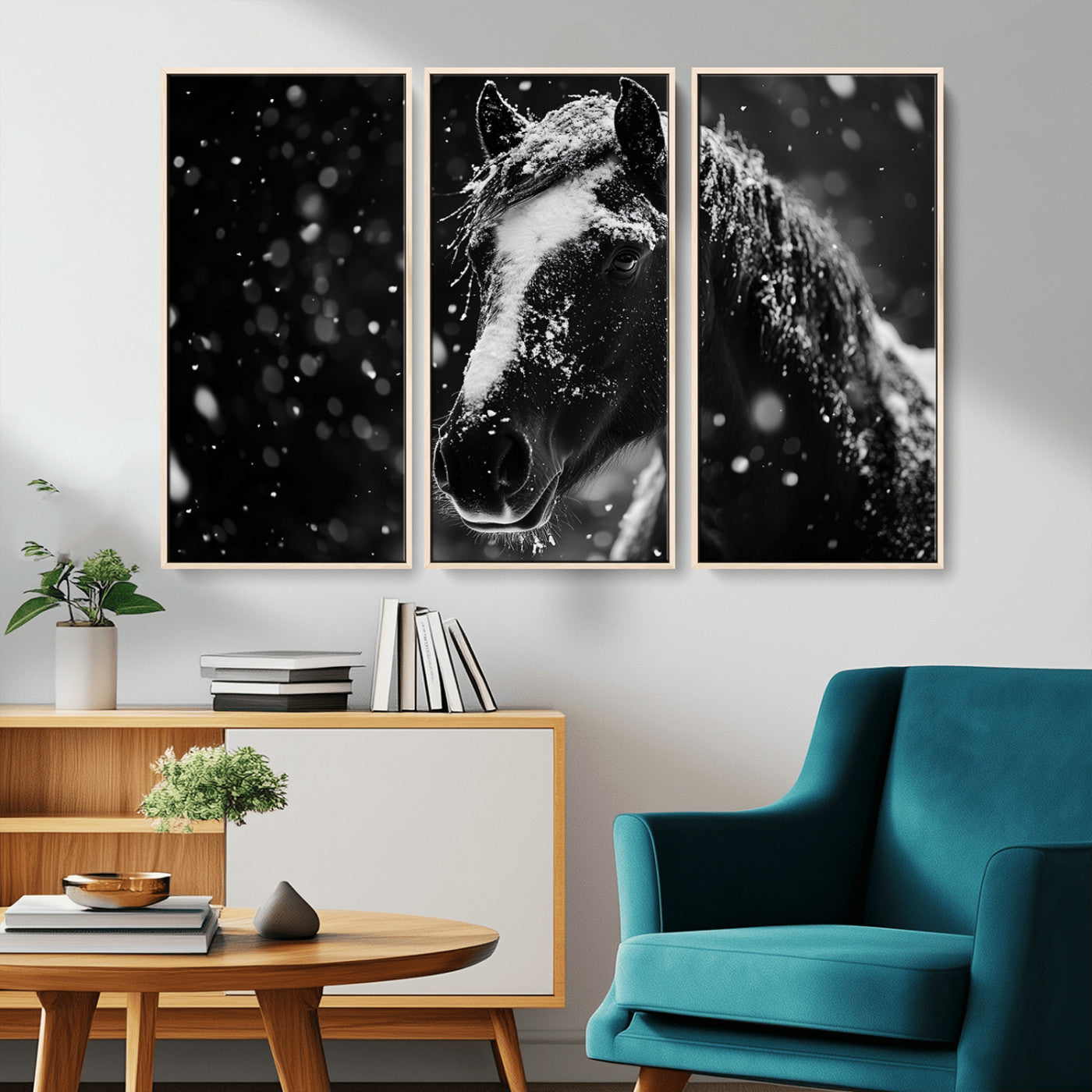 MGV-FC-48X32-3P - Winter Horse Wall Art | Black and White Horse Print | Ready to Hang and Framed | Farmhouse Wall Art