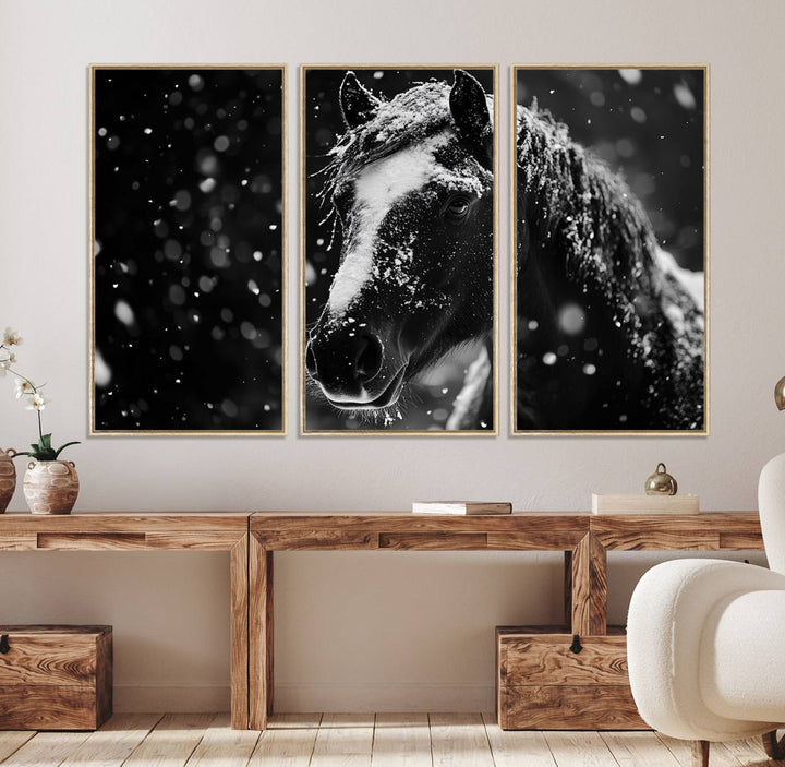 The Winter Horse Wall Art showcases a gentle horse print with snowflakes, ideal for rustic farmhouse or cabin decor.