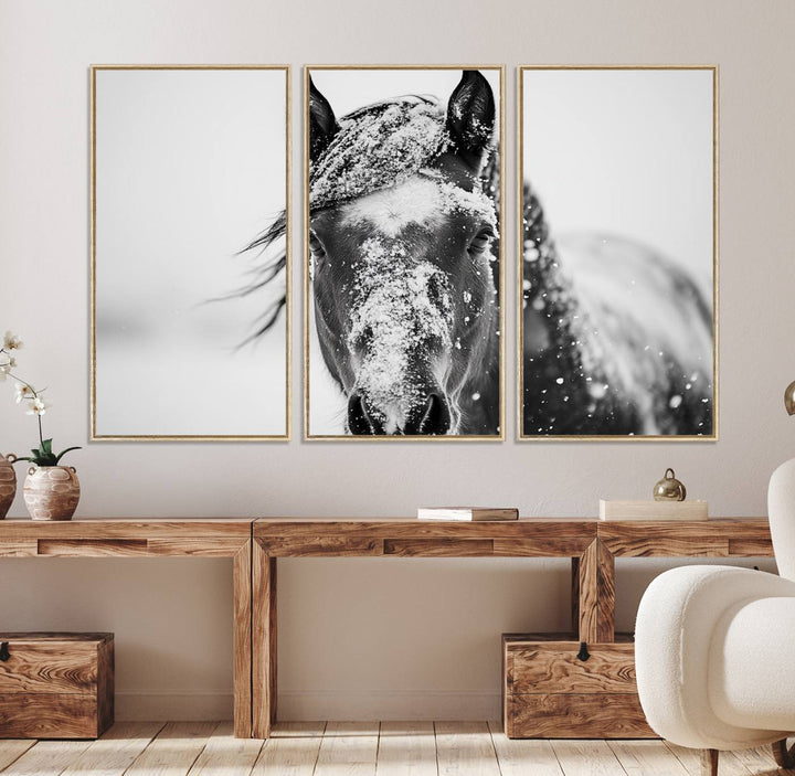 This black and white winter horse wall art enhances any decor; it is ready to hang and framed for a farmhouse or Western style.