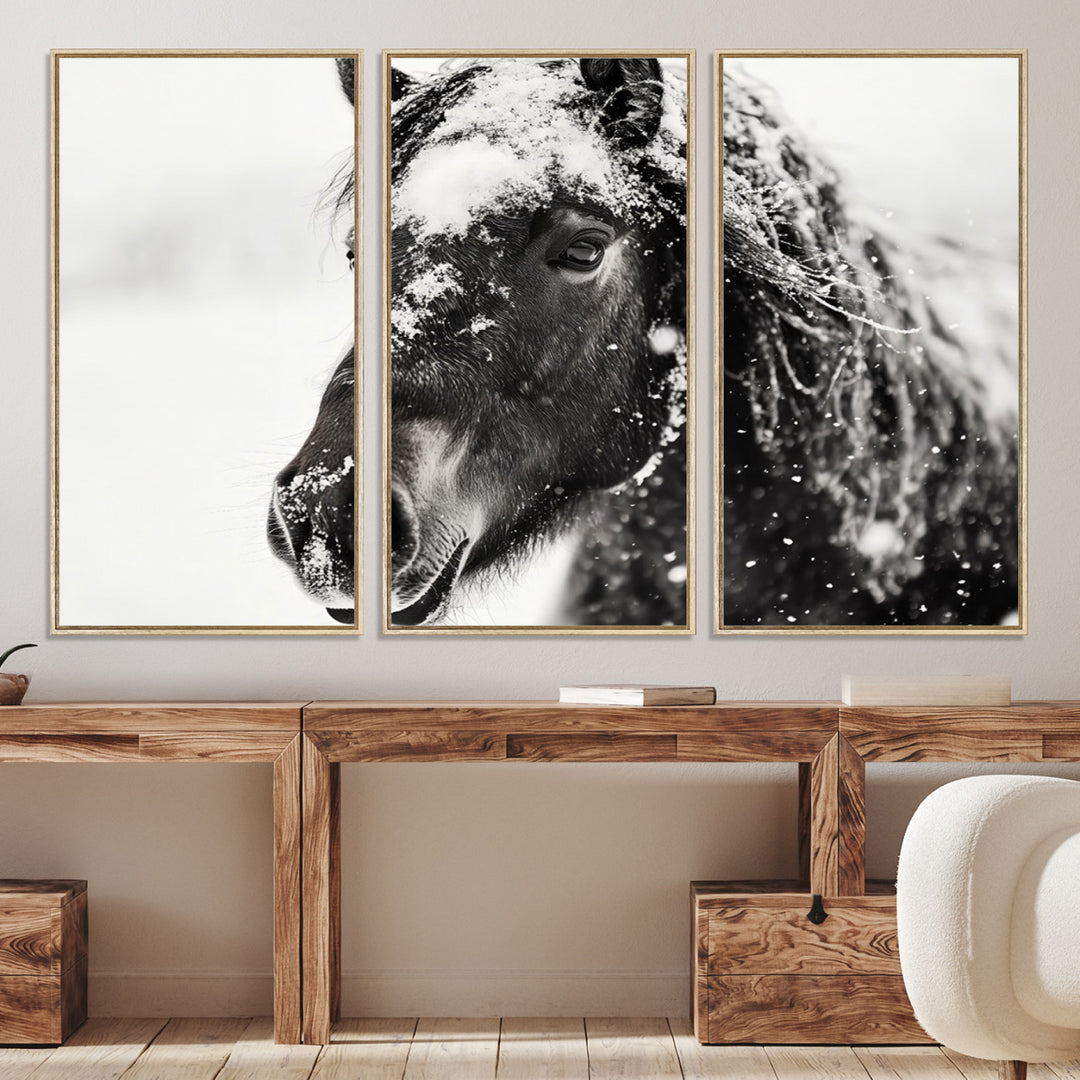 The wall art is a Black and White Horse piece, framed and ready to hang.