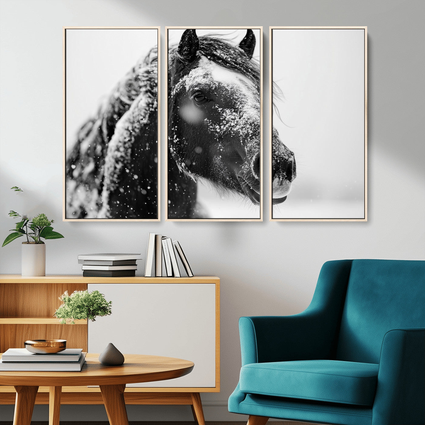 MGV-FC-48X32-3P - Winter Horse Canvas Print | Large 3-Panel Black White Equine Photography for Rustic Farmhouse Wall