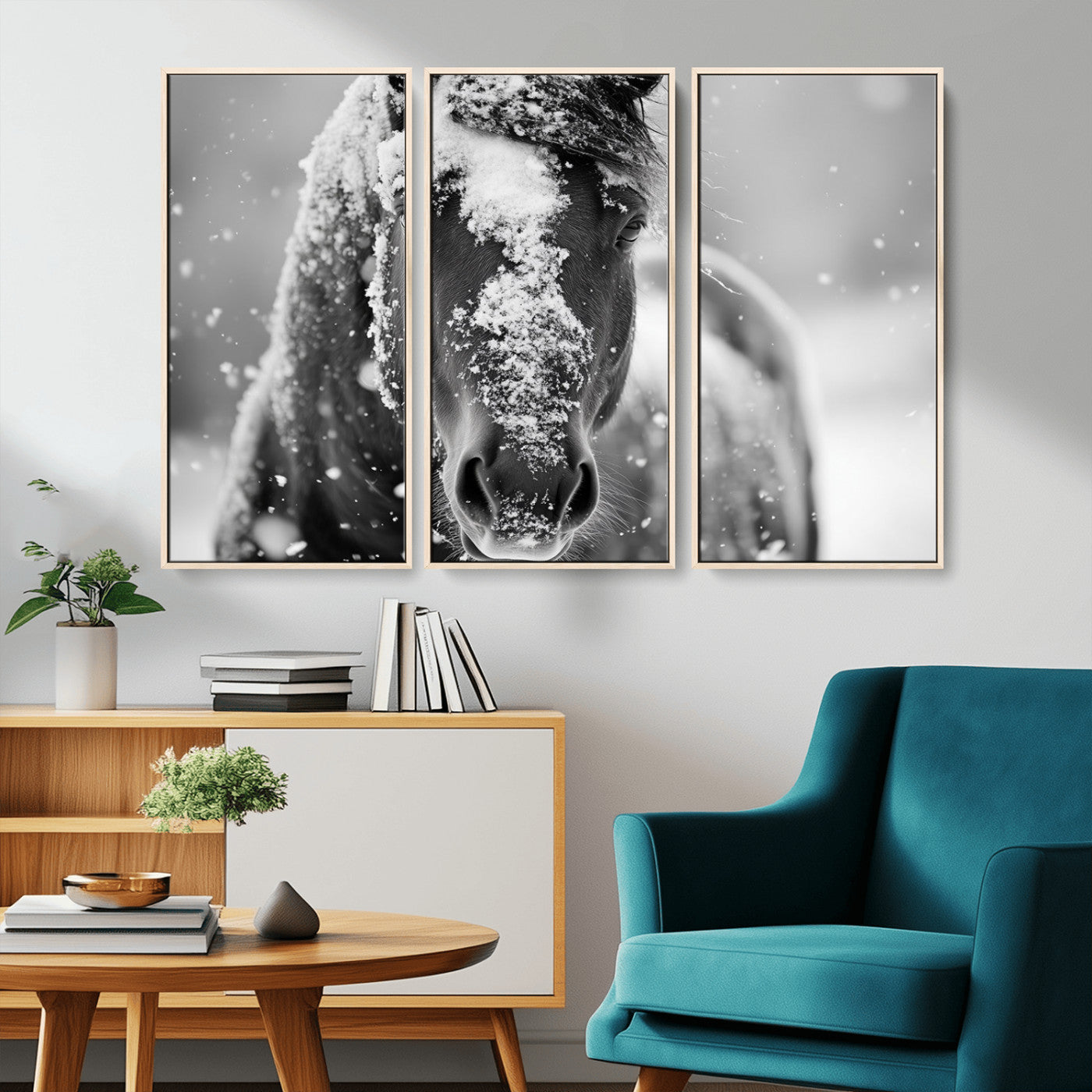 MGV-FC-48X32-3P - Black and White Horse Winter Wall Art | Ready to Hang and Framed | Farmhouse Wall Decor | Western