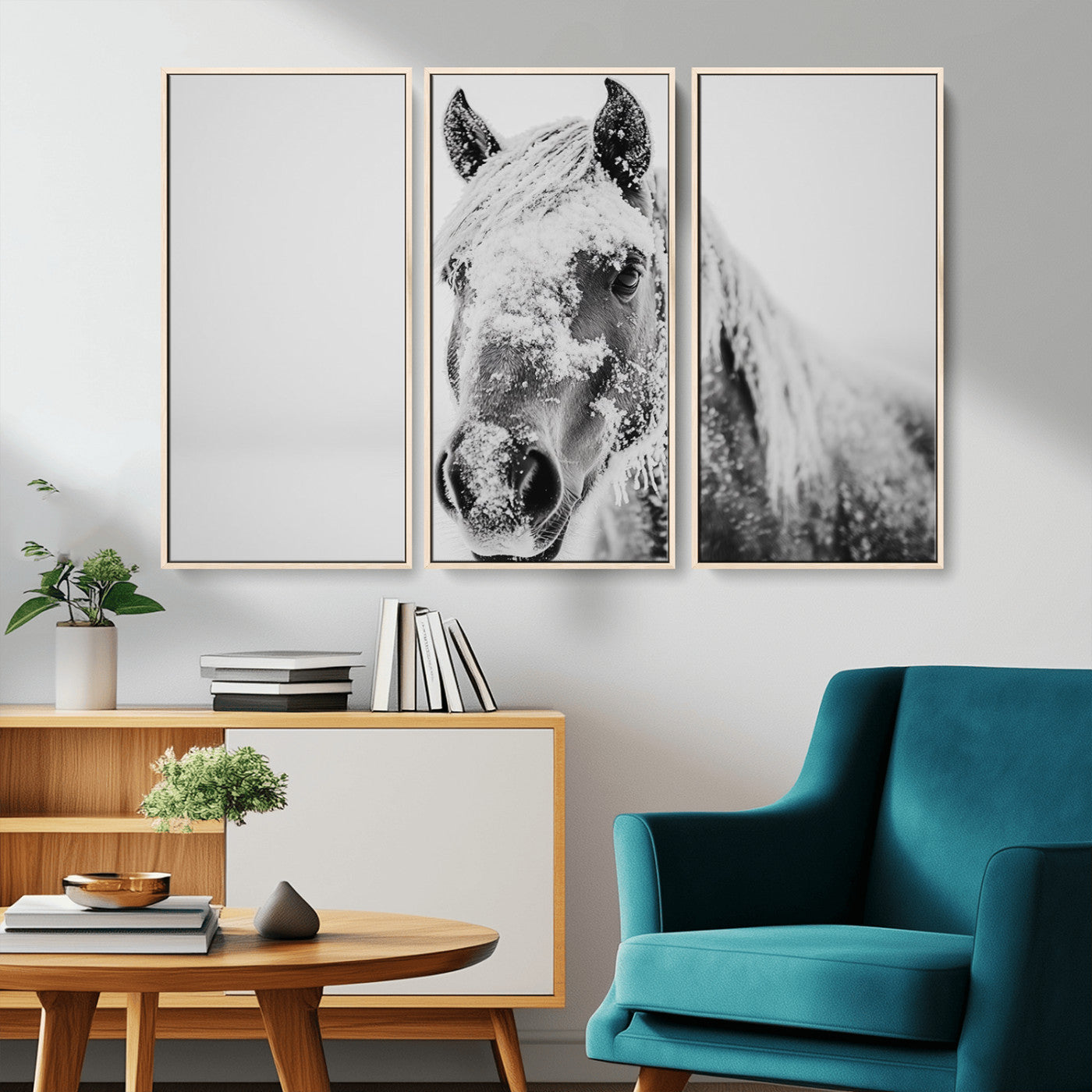 MGV-FC-48X32-3P - White Horse Wall Art | Ready to Hang and Framed | Winter Horse Wall Art Print for Farmhouse and