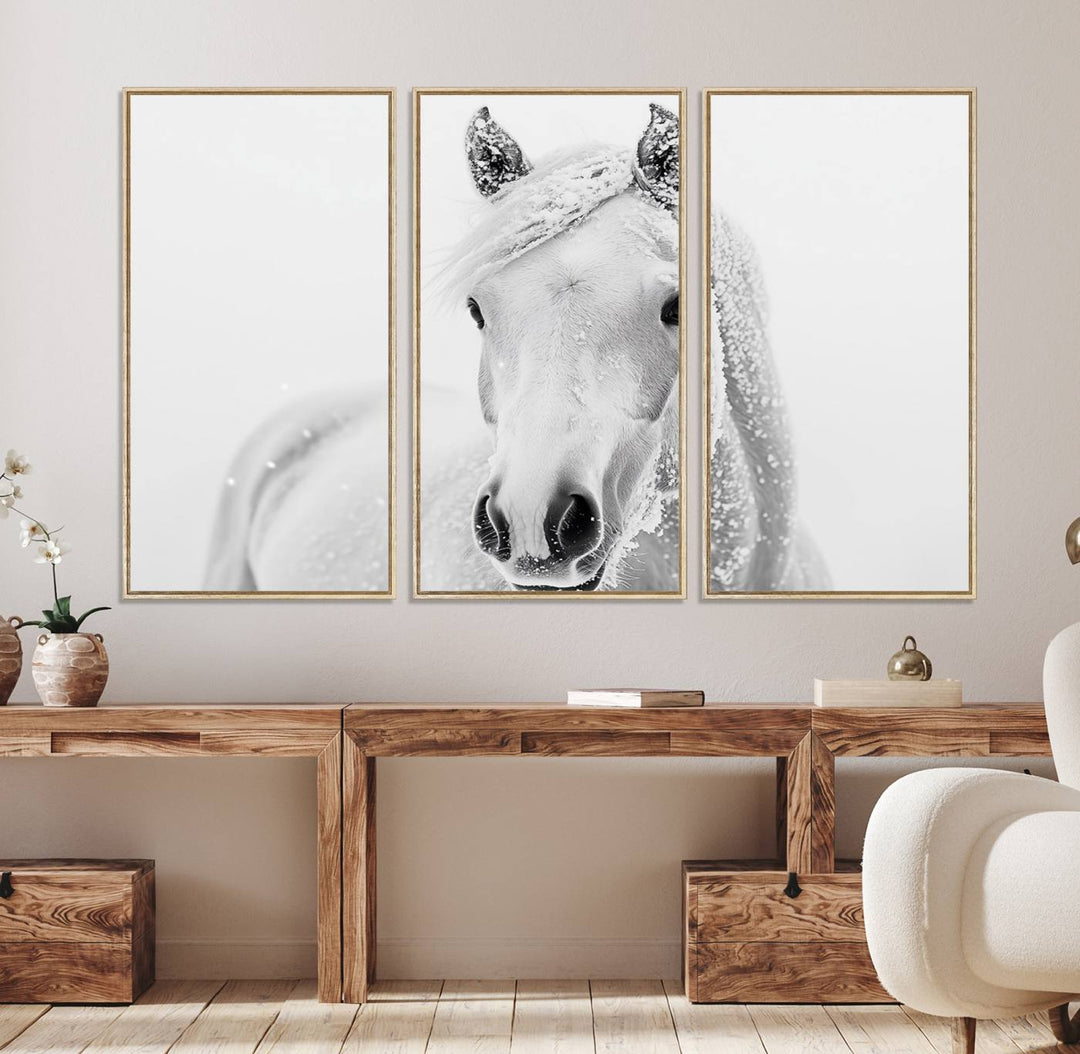 The dining room features the Majestic White Horse Wall Art, adding to its rustic charm.