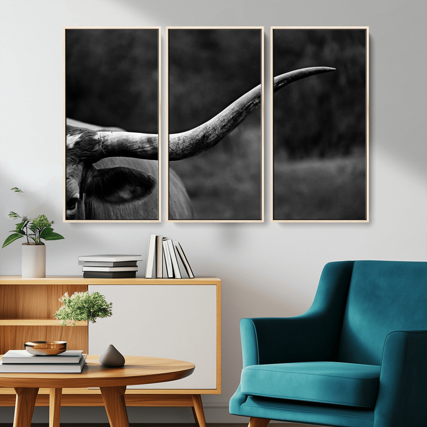 MGV-FC-48X32-3P - Cow Longhorn Wall Art | Black and White Print | Ready to Hang and Framed | Farmhouse Wall Decor |