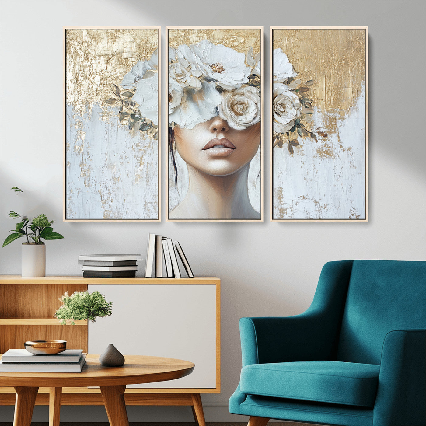 MGV-FC-48X32-3P - Golden Petal Wall Art - Canvas Print Flower Head Woman Painting Floral Woman Portrait Wall Decor,