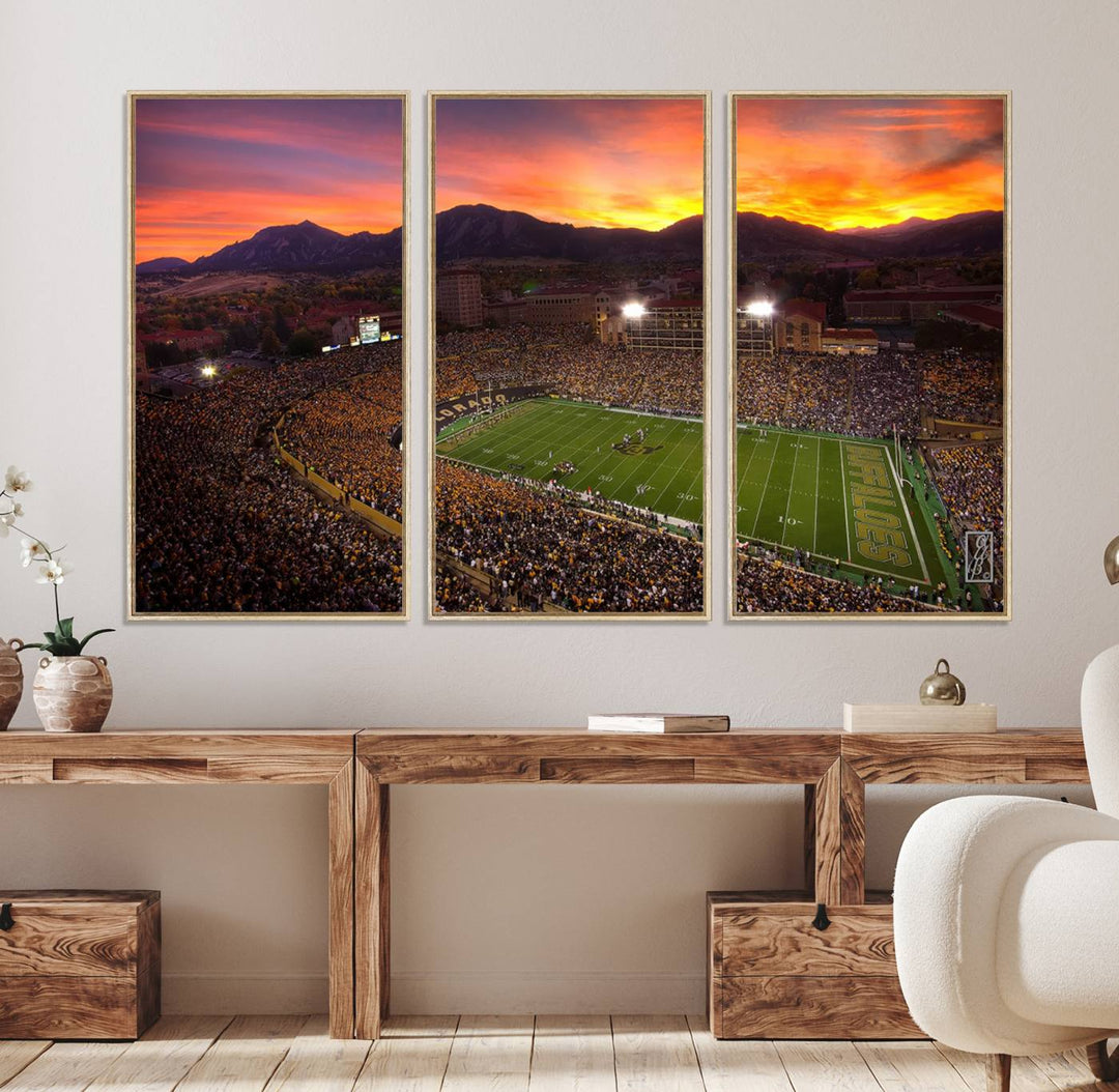 A vibrant mountain sunset at Folsom Field, home of the University of Colorado Football team, is captured in this stunning wall art canvas print.