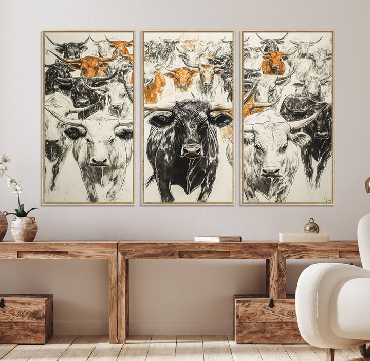 Texas Longhorn Wall Art canvas features cattle artwork with an abstract design, perfect for farmhouse decor on a porch.