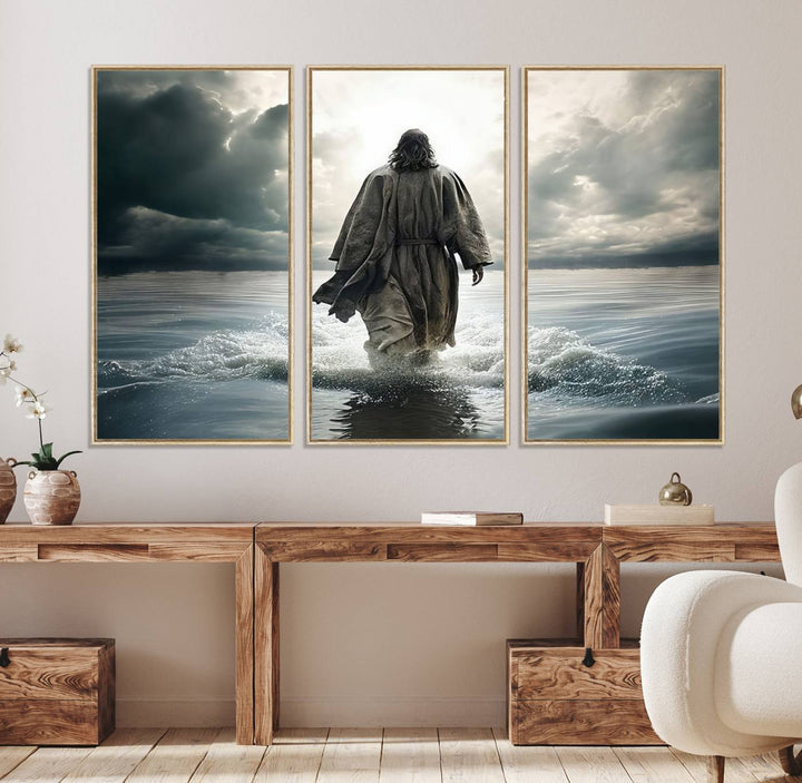 A canvas wall art depicting a figure walking on water beneath dramatic clouds, designed as inspirational religious imagery and ready to hang.