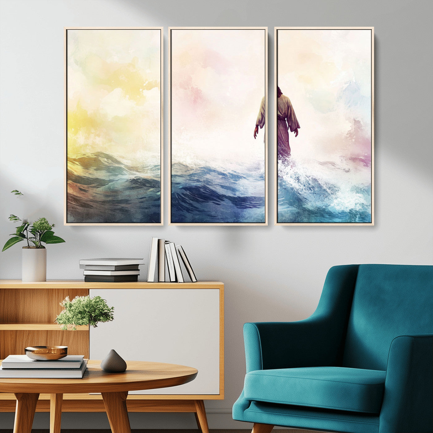 MGV-FC-48X32-3P - Watercolor Jesus Walking on Water Canvas Print, Christian Wall Art, Jesus Christ Walking