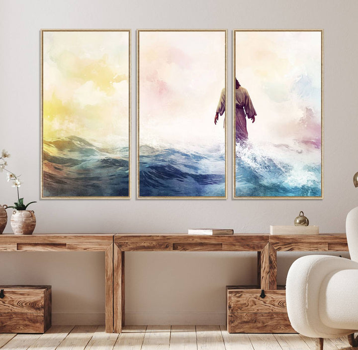 A robed figure strides on water in gentle waves, evoking the Watercolor Jesus Walking on Water canvas art.