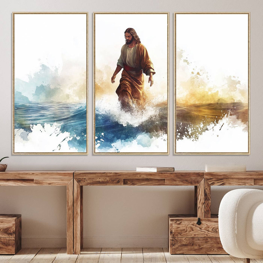 This watercolor canvas print depicts Jesus walking, characterized by abstract splashes against a serene background. It serves as a beautiful piece of Christian wall art.