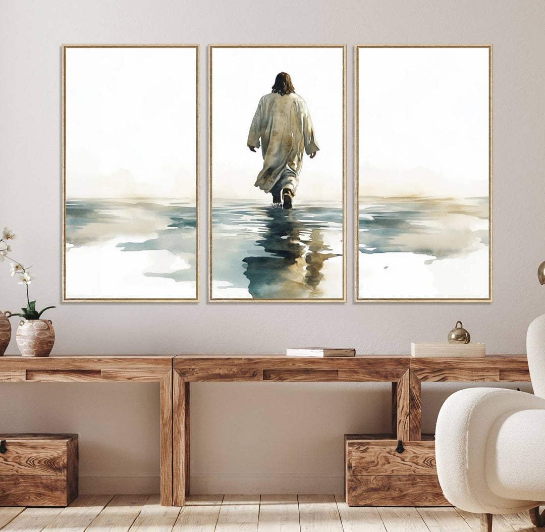 A Watercolor Jesus Walking on Water Christian wall art.