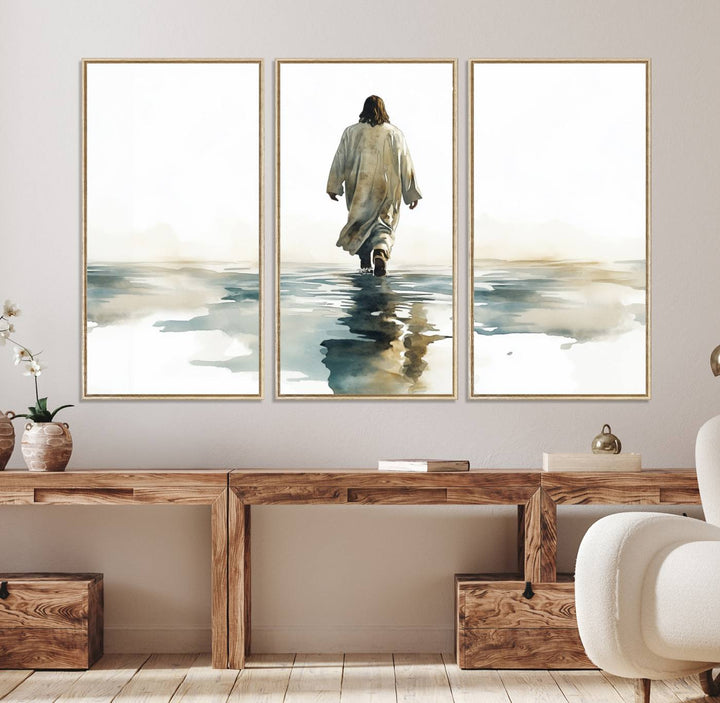 A Watercolor Jesus Walking on Water Christian wall art.