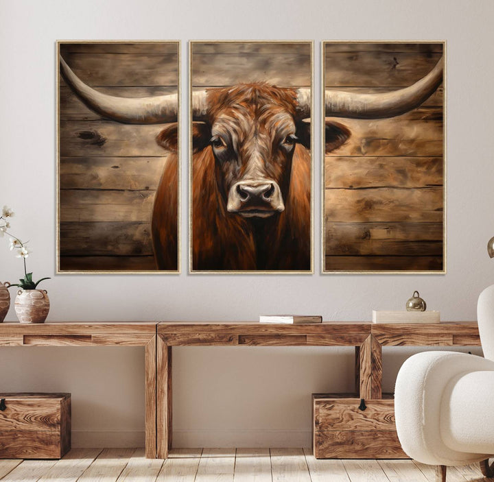 Longhorn Bull Canvas Print: Rustic Farmhouse Decor, Ready to Hang Western Barn Art.