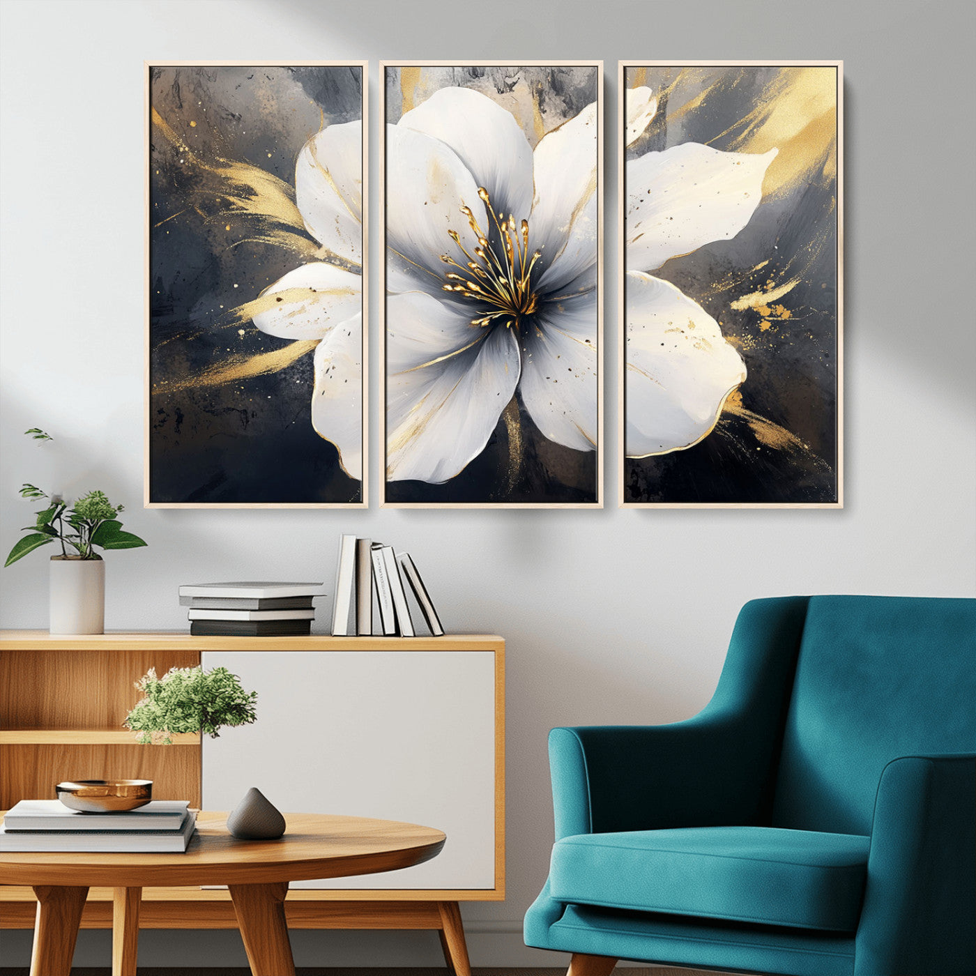 MGV-FC-48X32-3P - White Flower Wall Art Canvas Print | Ready to Hang | Abstract Floral Wall Decor | Elegant Bloom