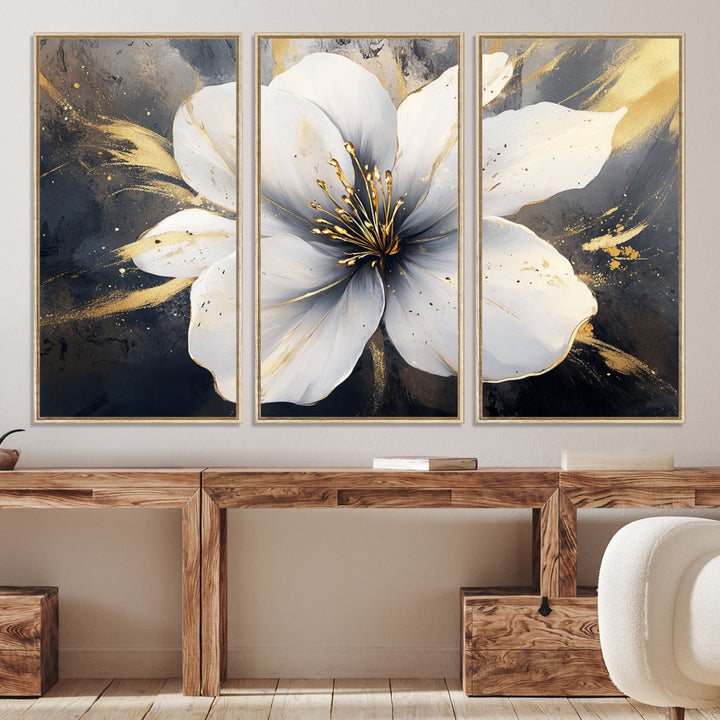 White Flower Wall Art | Canvas Print | Ready to Hang | Abstract Floral Wall Decor | Elegant Bloom Artwork | Framed for Living Room or Bedroom