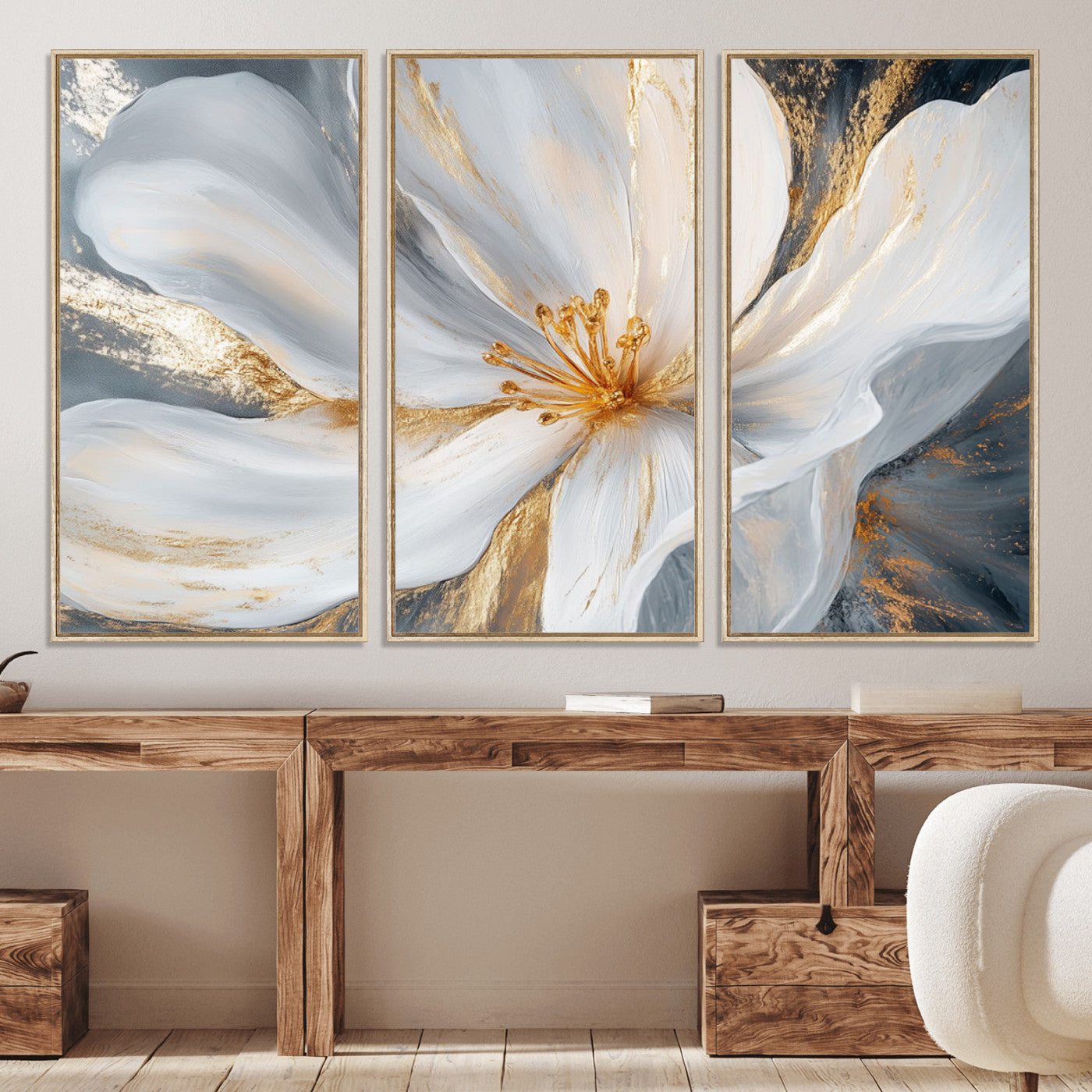83149-MGV-CV-36X24-White and Gold Floral Canvas Wall Art - Framed and Ready to Hang - Perfect for Modern Living Rooms