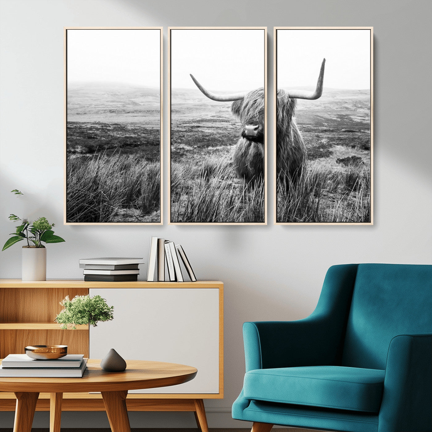 MGV-FC-48X32-3P - Scottish Highland Cow Wall Art | Black and White Canvas Print | Ready to Hang and Framed | Rustic