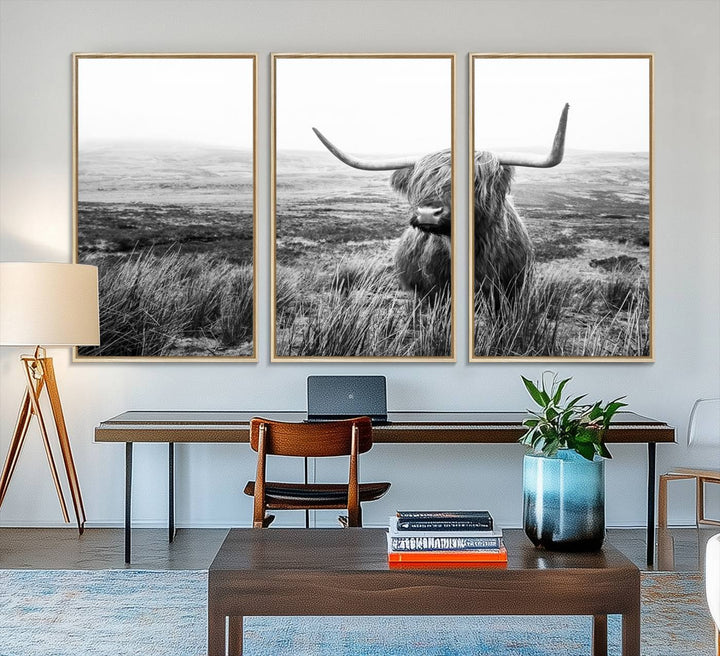 The Scottish Highland Cow black and white canvas print adds rustic farmhouse charm to any wall.