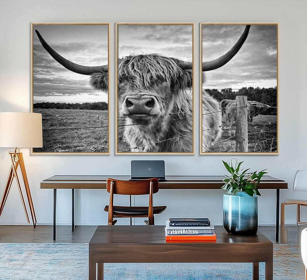 The Scottish Highland Cow Wall Art Canvas Print is ready to hang and framed, adding rustic farmhouse decor to your wall.