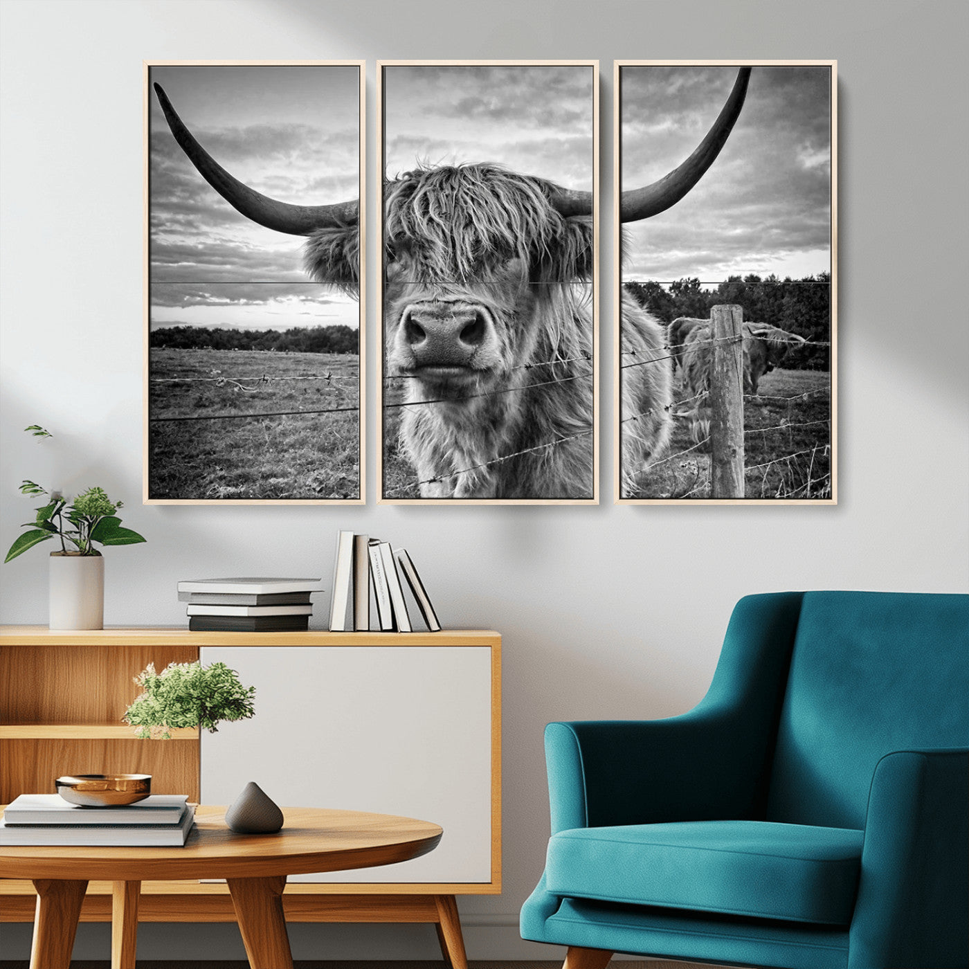 MGV-FC-48X32-3P - Scottish Highland Cow Wall Art Canvas Print | Ready to Hang and Framed | Rustic Farmhouse Decor