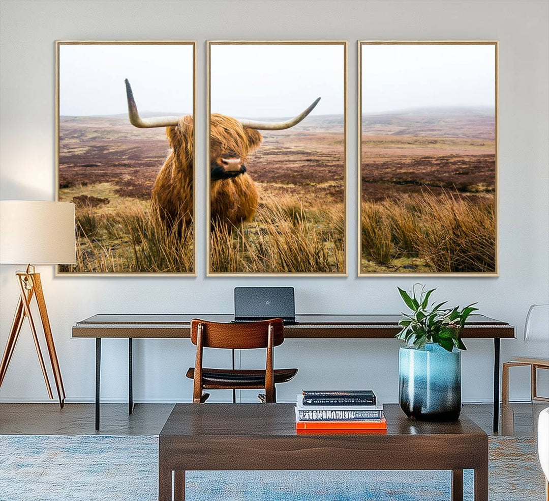 The Scottish Highland Cow Wall Art is perfect for rustic farmhouse decor, featuring misty moorland hues.