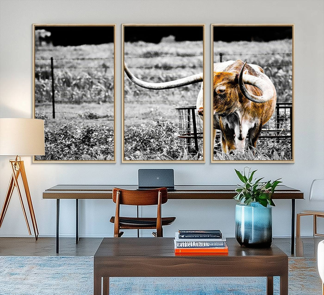 Majestic Texas Longhorn Cow Wall Art features a ready-to-hang canvas print that complements rustic farmhouse décor.