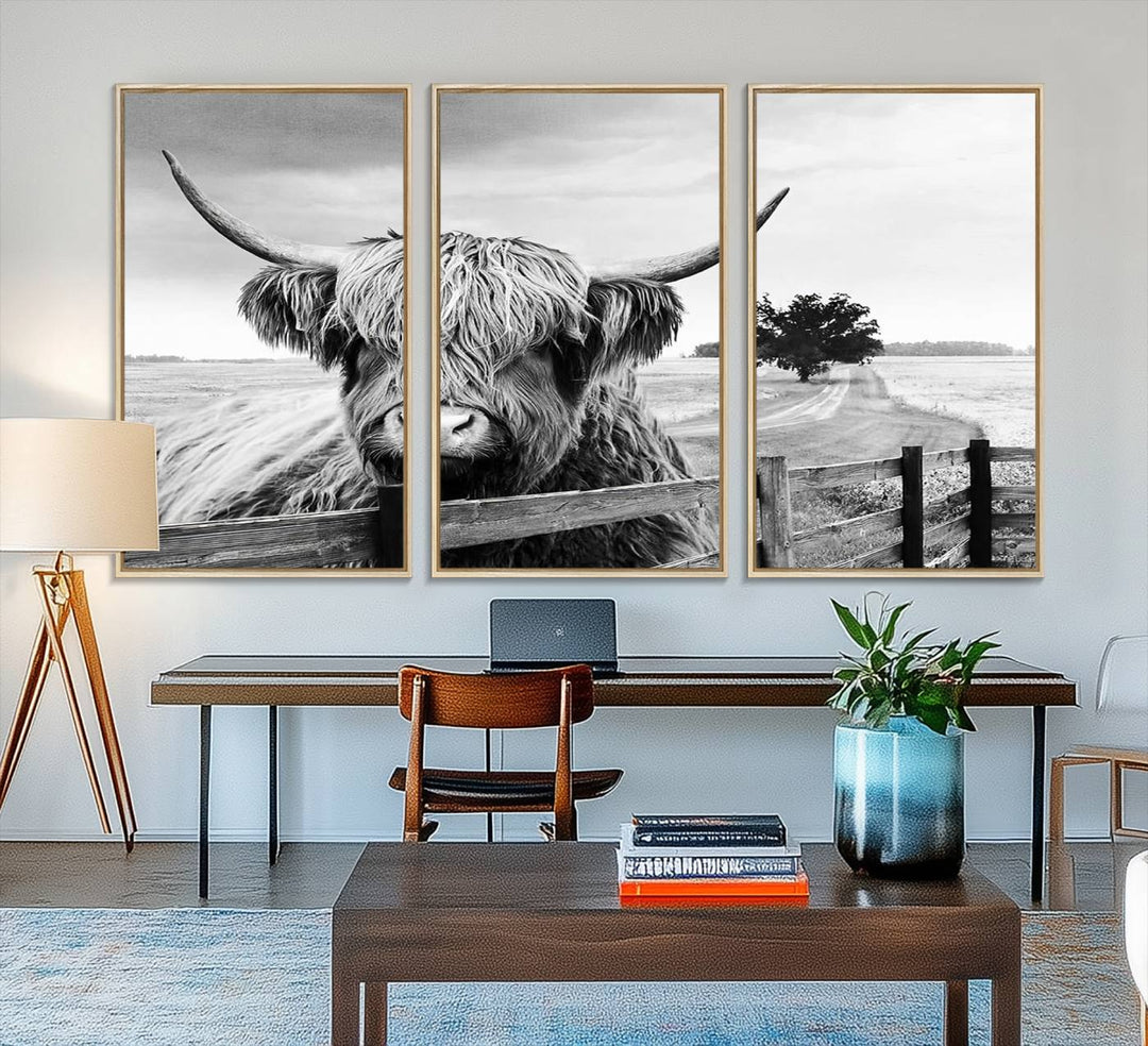 The Scottish Highland Cow Wall Art, a black and white canvas print, enhances rustic farmhouse décor.