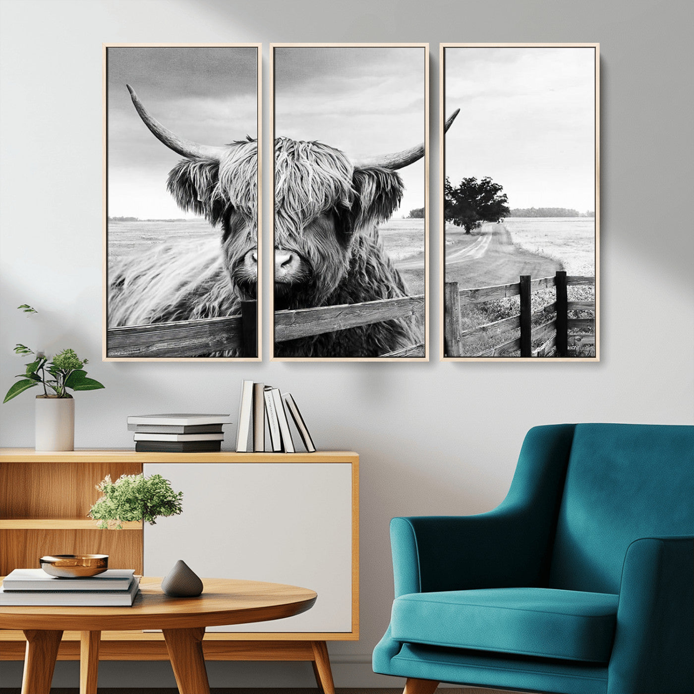 MGV-FC-48X32-3P - Scottish Highland Cow Wall Art | Rustic Farmhouse Décor | Black and White Ready to Hang Canvas Print