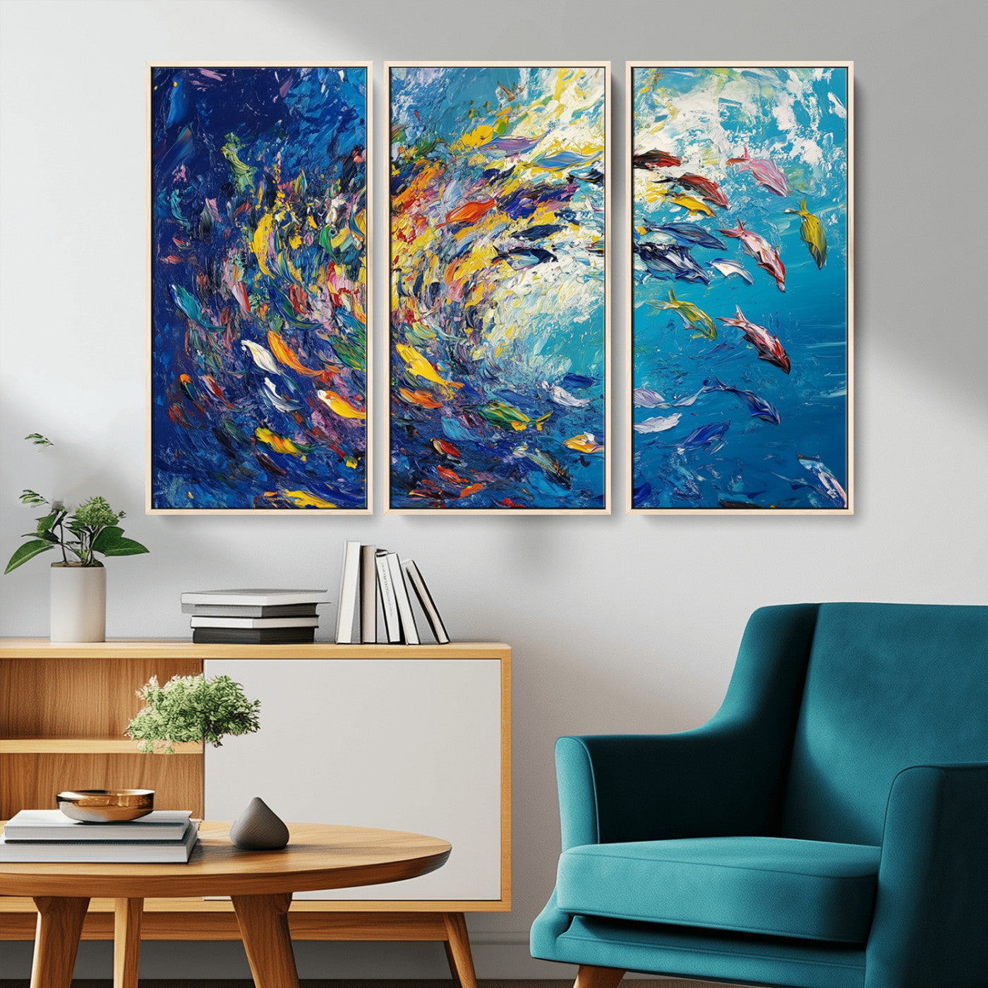MGV-FC-48X32-3P - Colorful Swirling Fish School Wall Art Canvas Print | Oceanic Abstract Painting | Ready to Hang |
