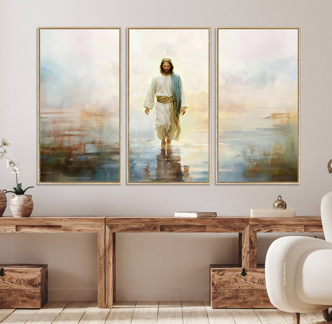 The 3-panel Framed Jesus Walking on Water Wall Art showcases a serene religious scene.