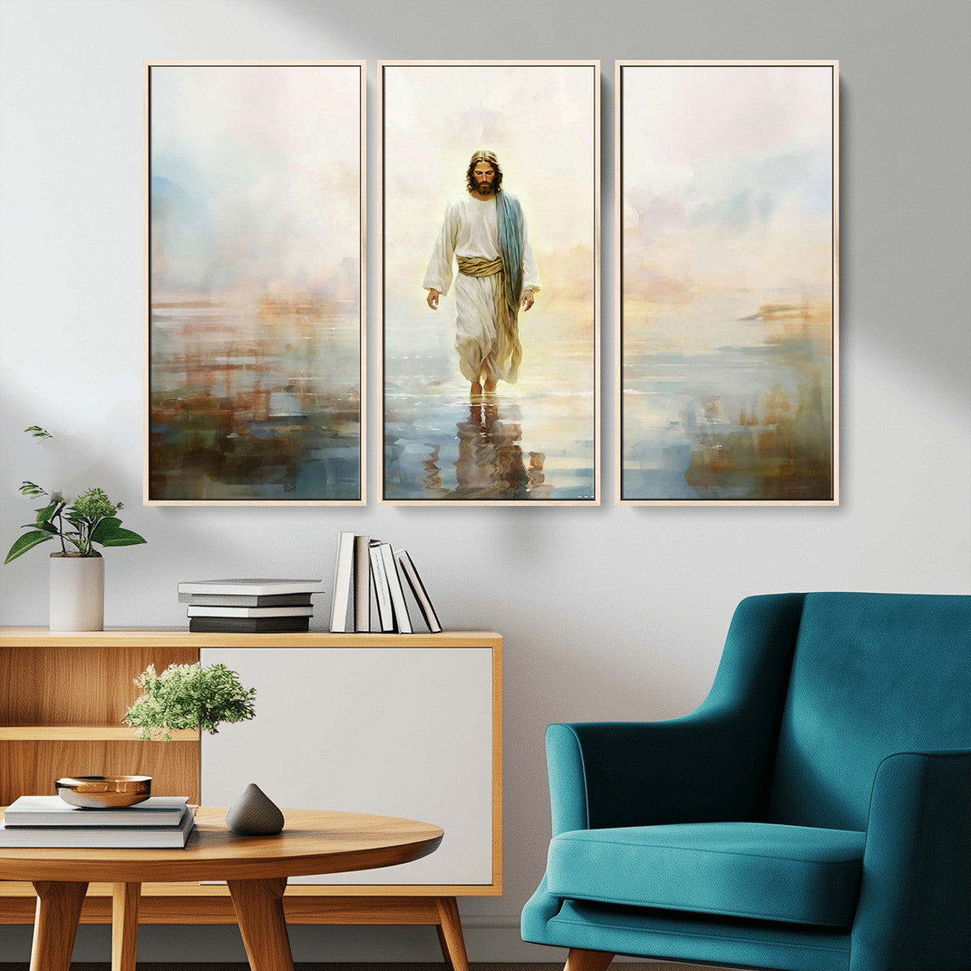 MGV-FC-48X32-3P - Framed Jesus Walking on Water Wall Art - 3-Panel Christian Canvas Prints, Religious Artwork for