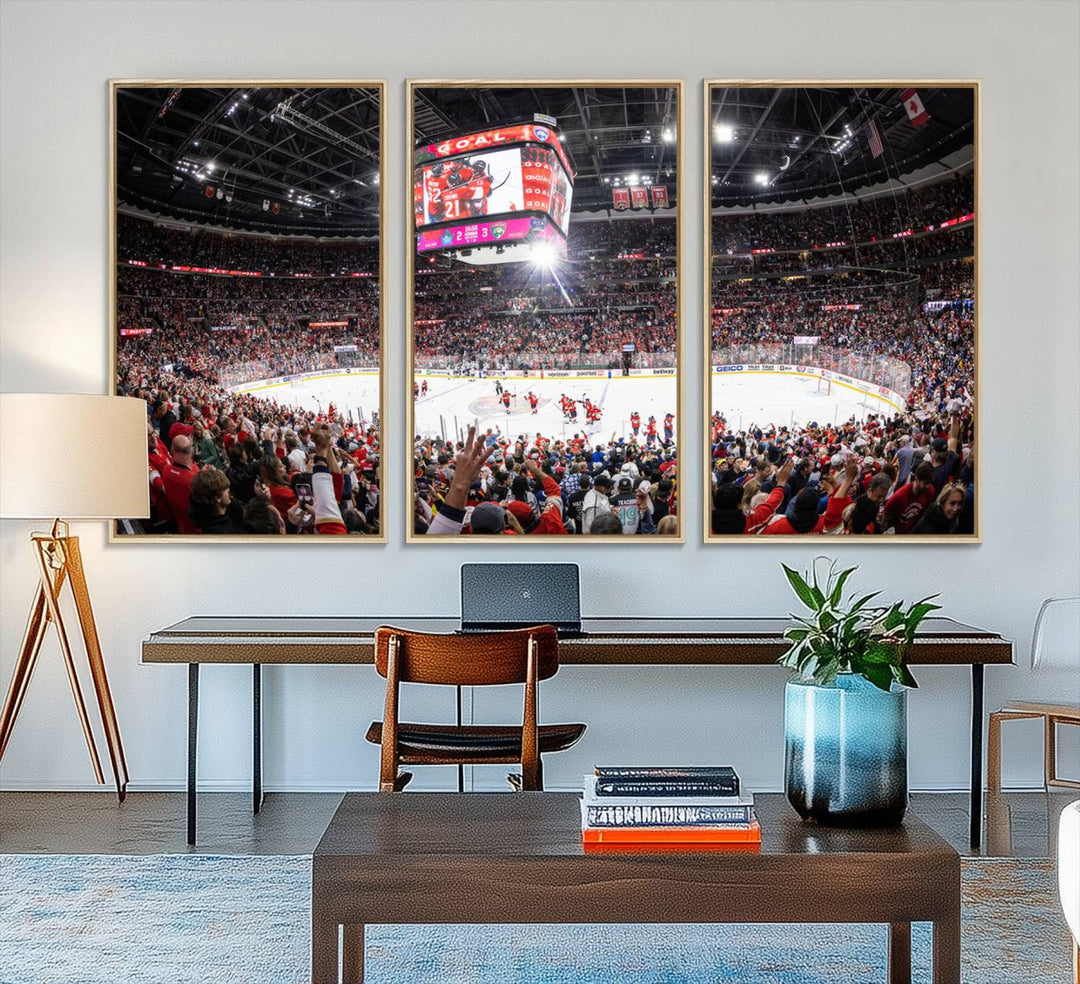 The wall art, a high-quality basketball arena canvas, evokes the excitement of fans cheering at the Amerant Bank Arena.