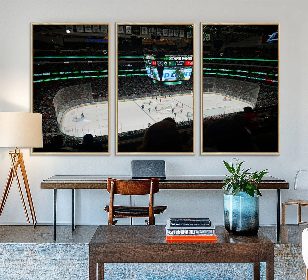 The Dallas Stars Wall Art Canvas Print is as clear as the scoreboard stats at a hockey game in a large arena with bright lights.