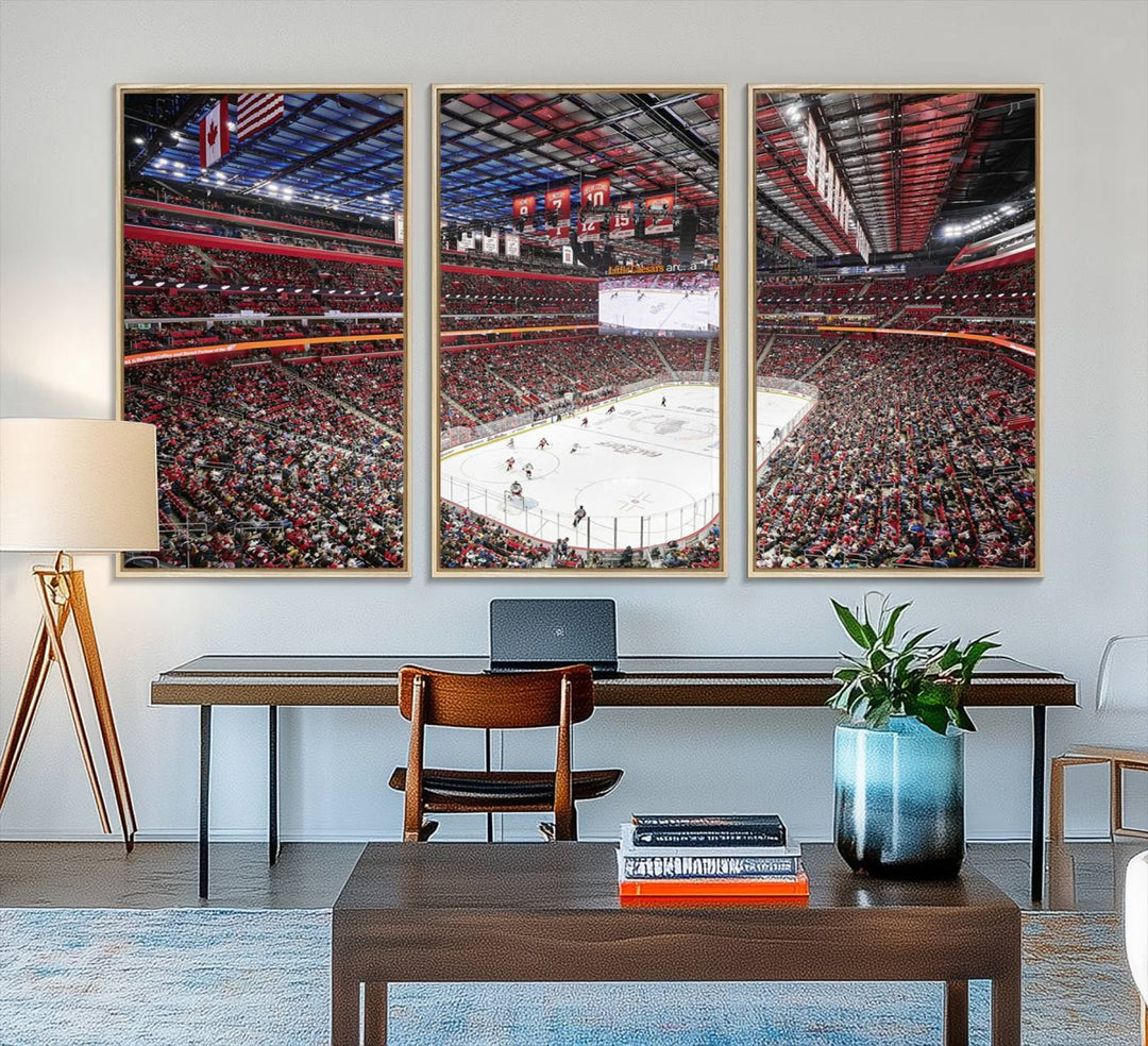 A Barton Malow canvas depicting Little Caesars Arena from above is beautifully printed in high resolution for your wall.