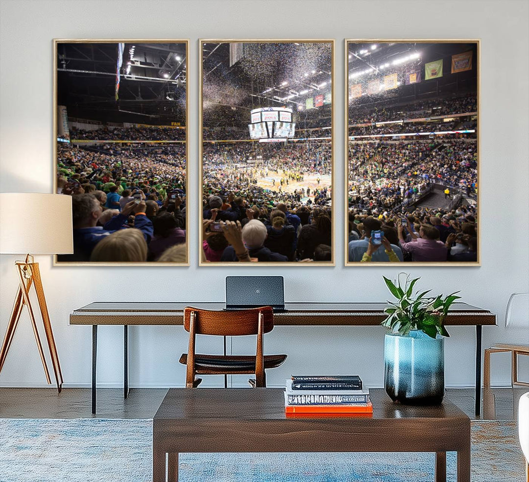 Our ready-to-hang canvas print captures the vibrant scene of the Bridgestone Arena illuminated with fans and confetti.