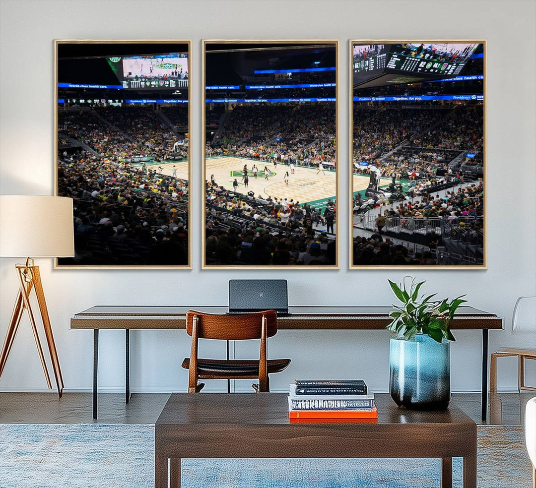 The Canvas Print of Climate Pledge Arena featuring the Seattle Kraken enhances a living room wall.