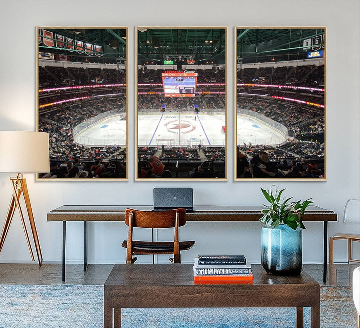 The wall art of the Honda Center California Anaheim Ducks Ice Hockey Stadium features a depiction of the rink and scoreboard from the perspective of the upper deck.