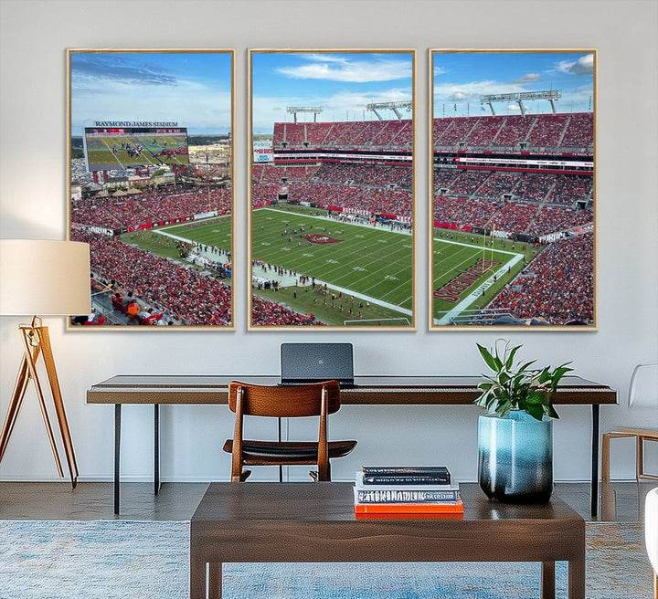 The Florida Tampa Raymond James Stadium Wall Art Canvas Print is featured above the cabinet.