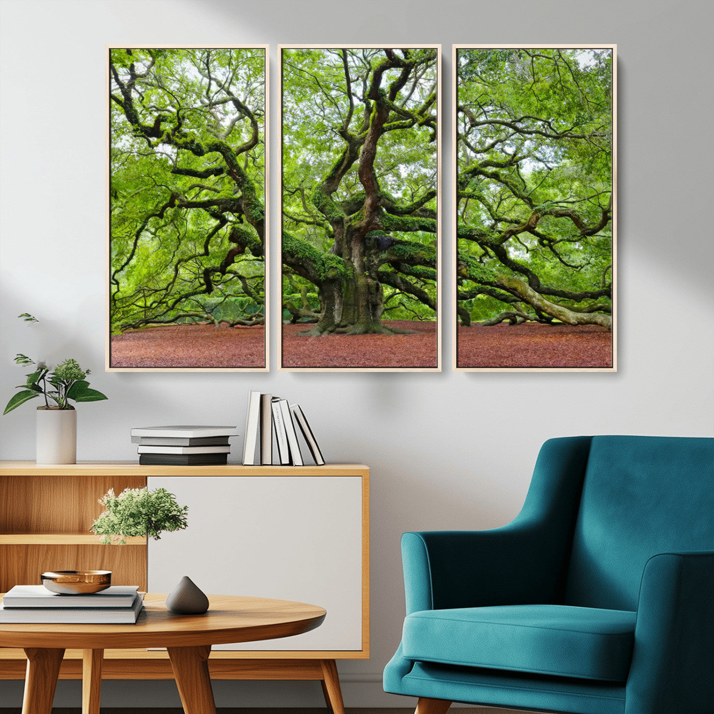MGV-FC-48X32-3P - Framed Angel Oak Tree Wall Art - 3-Panel Canvas Prints, Large Green Nature Artwork, Ready to Hang