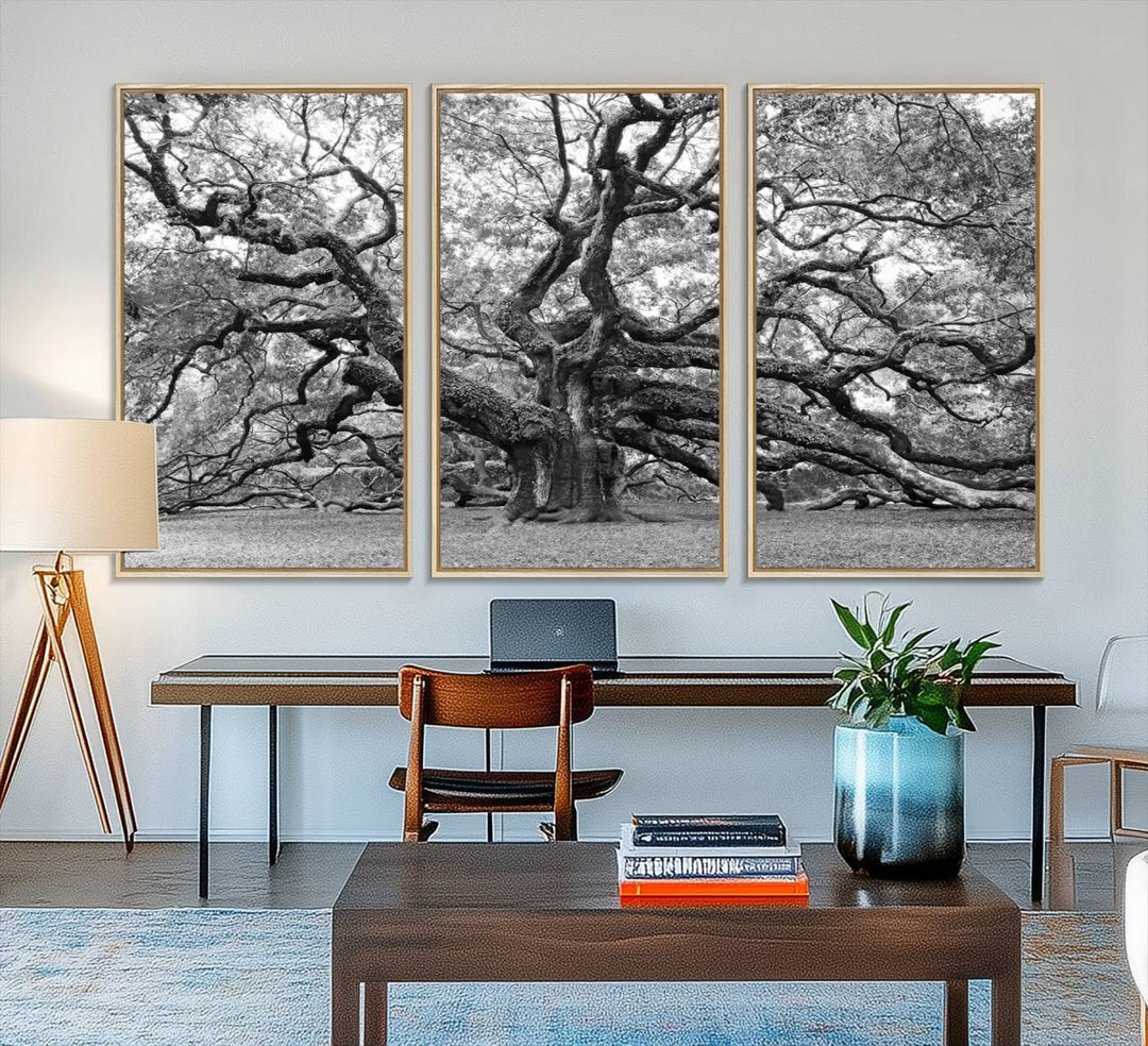 The Black White Angel Oak Tree wall art adds timeless, nature-inspired decor.