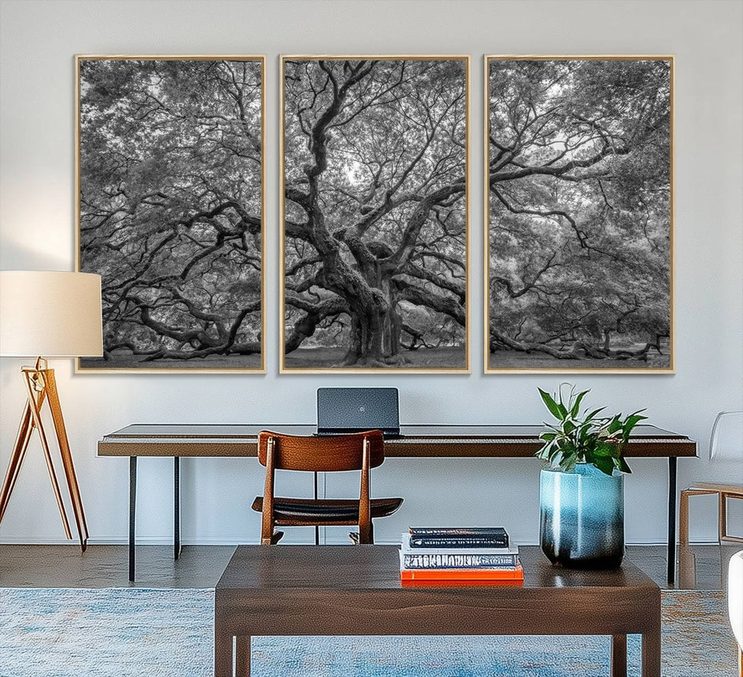 The Majestic Angel Oak Tree canvas print enhances minimalistic decor with its nature photography.