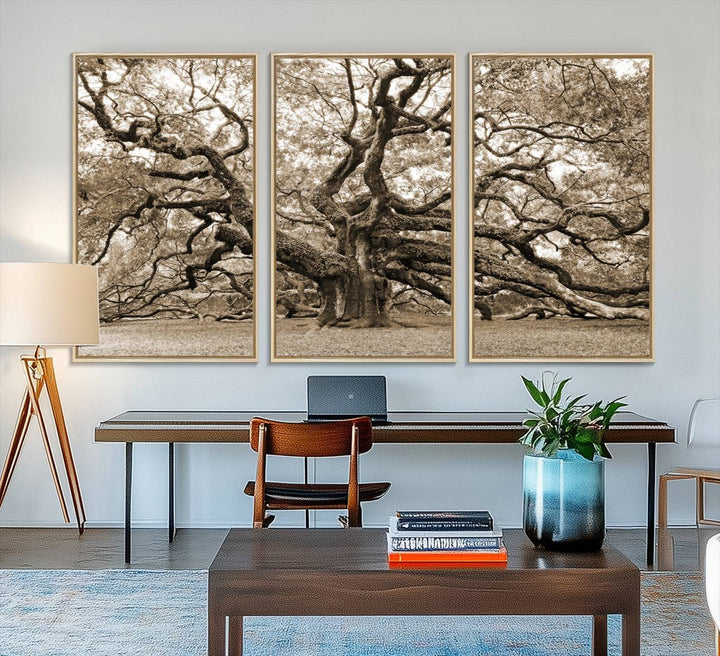 Displayed on the wall is a Sepia-framed Angel Oak Tree 3-panel canvas.