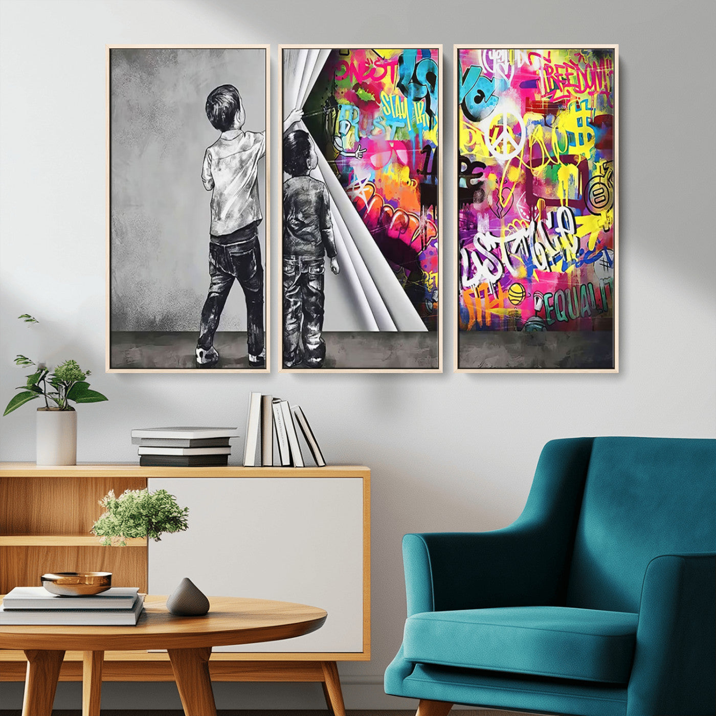 MGV-FC-48X32-3P - Banksy Print - Street Art Canvas Wall Art - Kids Revealing Graffiti, Urban Modern Decor for Living