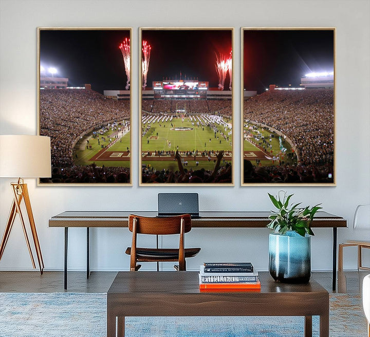 A vibrant wall art piece of the Florida State Seminoles sets a lively tone, depicting scenes filled with energy and celebration.