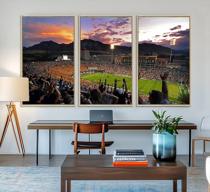 The Folsom Field Stadium Print beautifully captures the Colorado Buffaloes stadium at sunset, set against a stunning mountain backdrop.