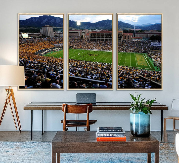 A canvas print captures the Colorado Buffaloes at Folsom Field, framed by mountains in the background.