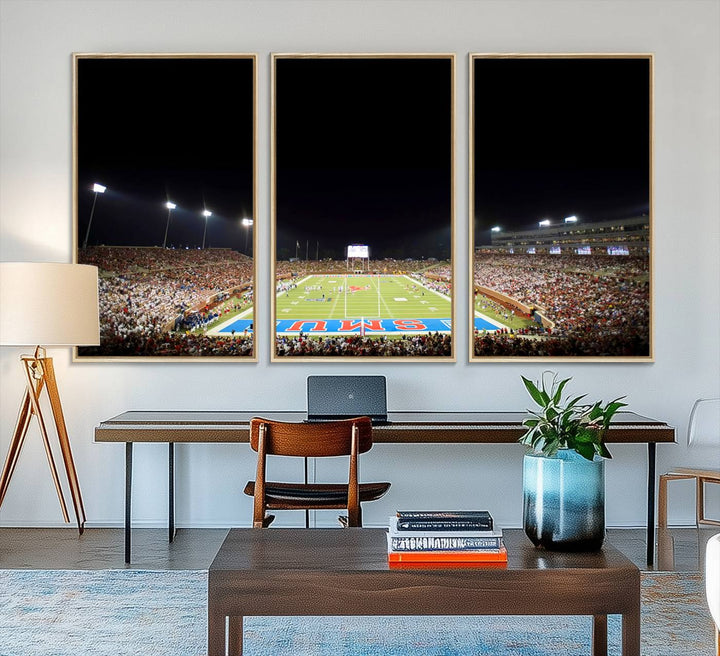 Wide-angle view of a vibrant painting depicting SMU Mustangs Football at Dallas Gerald J. Ford Stadium, capturing the energy and excitement of a filled stadium and brightly lit field.