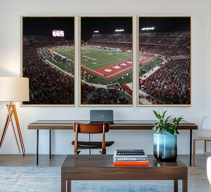 Aerial view of TDECU Stadium at night on the Houston Cougars Football Wall Art Canvas Print.